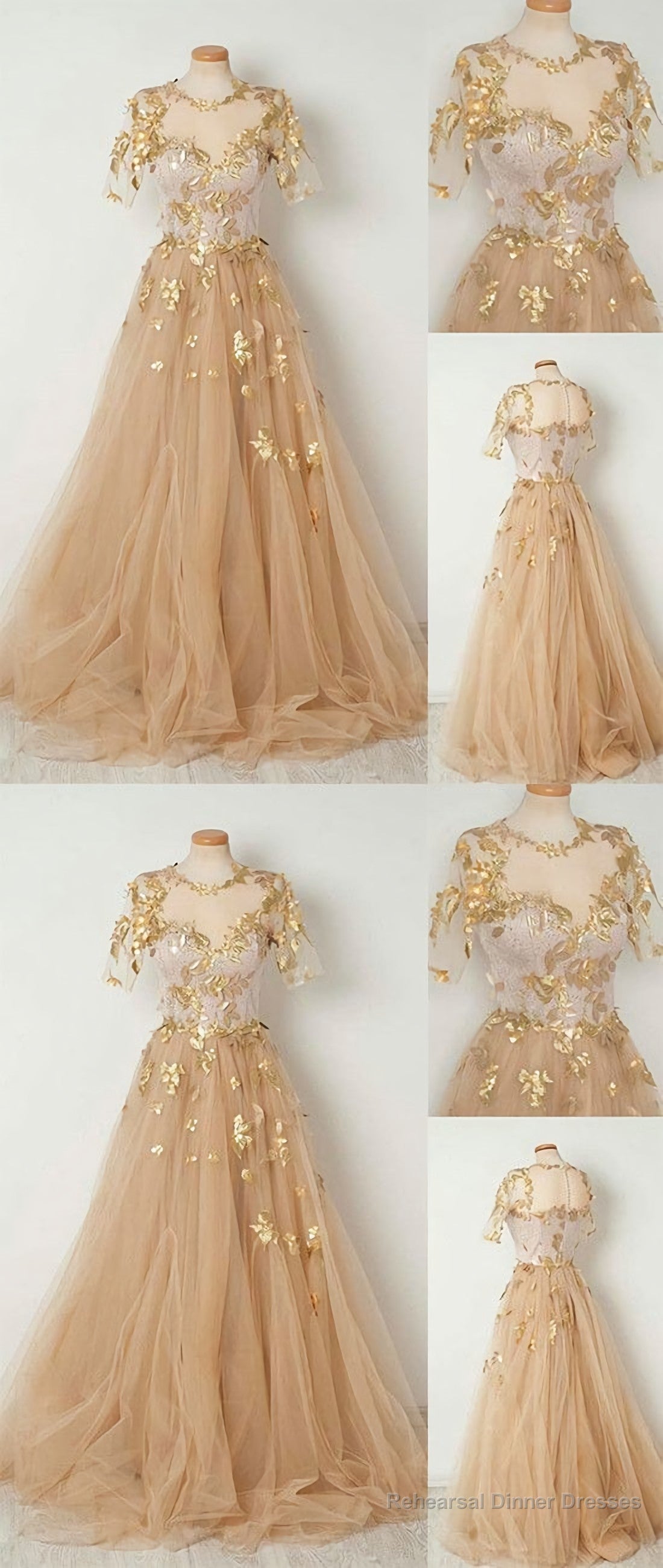 Champagne Tulle Long Prom Dress, Evening Dresses