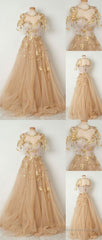 Champagne Tulle Long Prom Dress, Evening Dresses