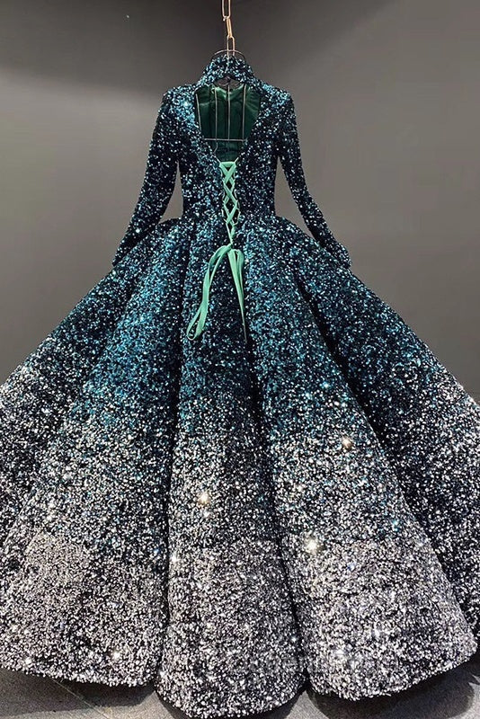 Glitter High Neck Open Back Lace Up Ball Gown Evening Prom Dress Secondary image