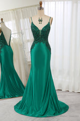 Dark Green Spaghetti Straps Mermaid Satin Prom Dress With Appliques