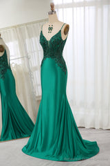 Dark Green Spaghetti Straps Mermaid Satin Prom Dress With Appliques