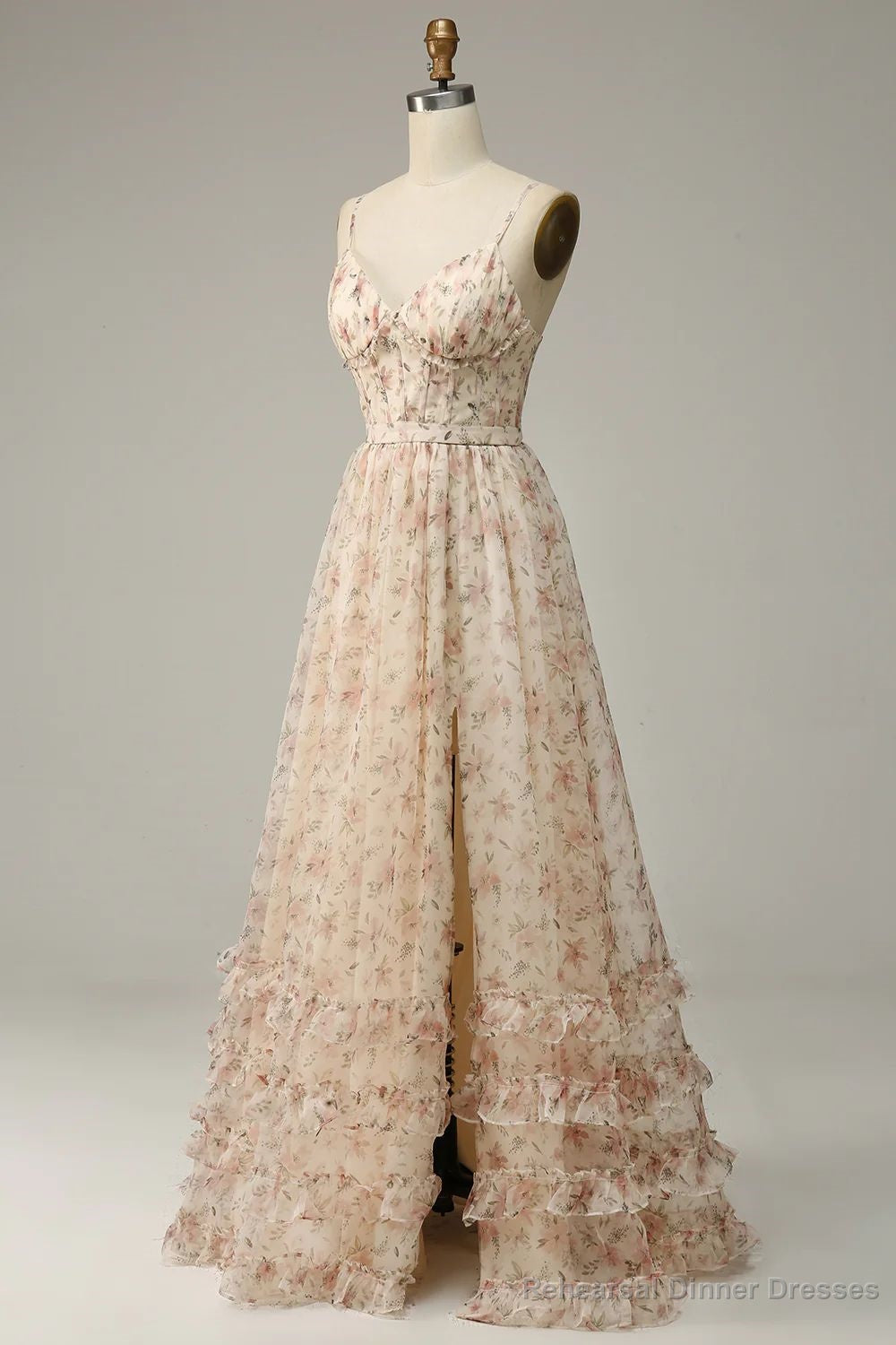 A-Line Spaghetti Straps Floor Length Print Prom Dress With Split Secondary image
