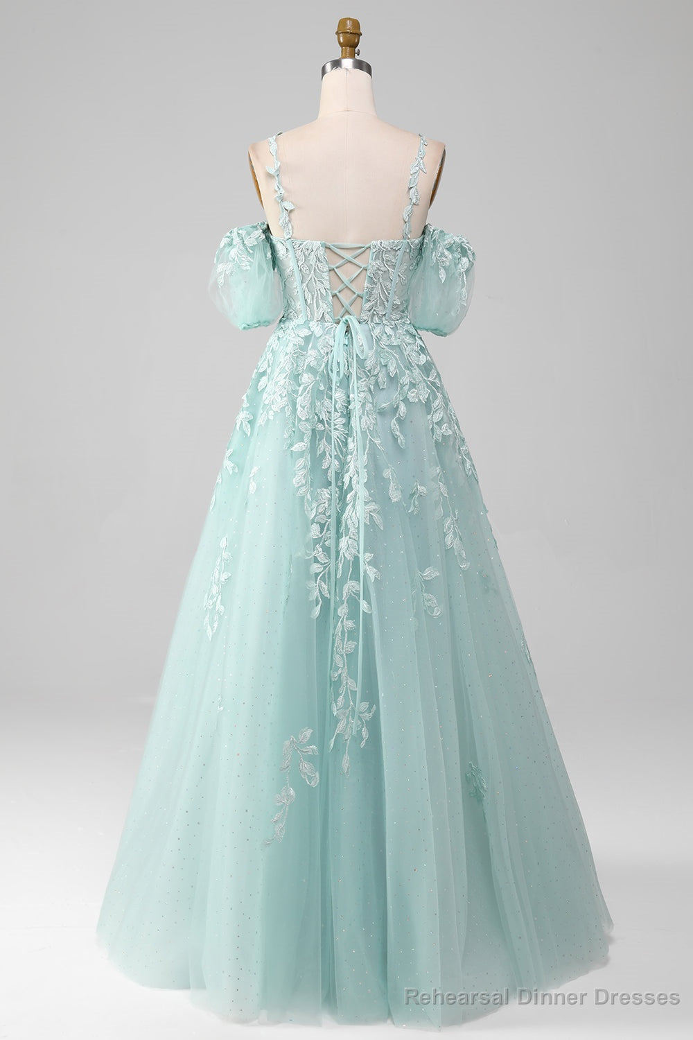 Mint A Line Tulle Off the Shoulder Lace Up Long Prom Dress With Appliques Main image