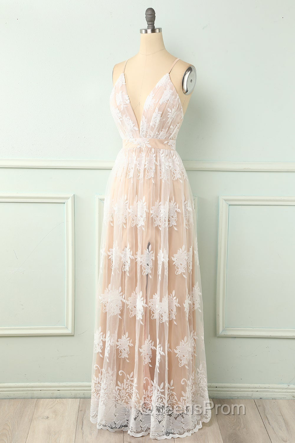 Spaghetti Straps White Evening Prom Dress