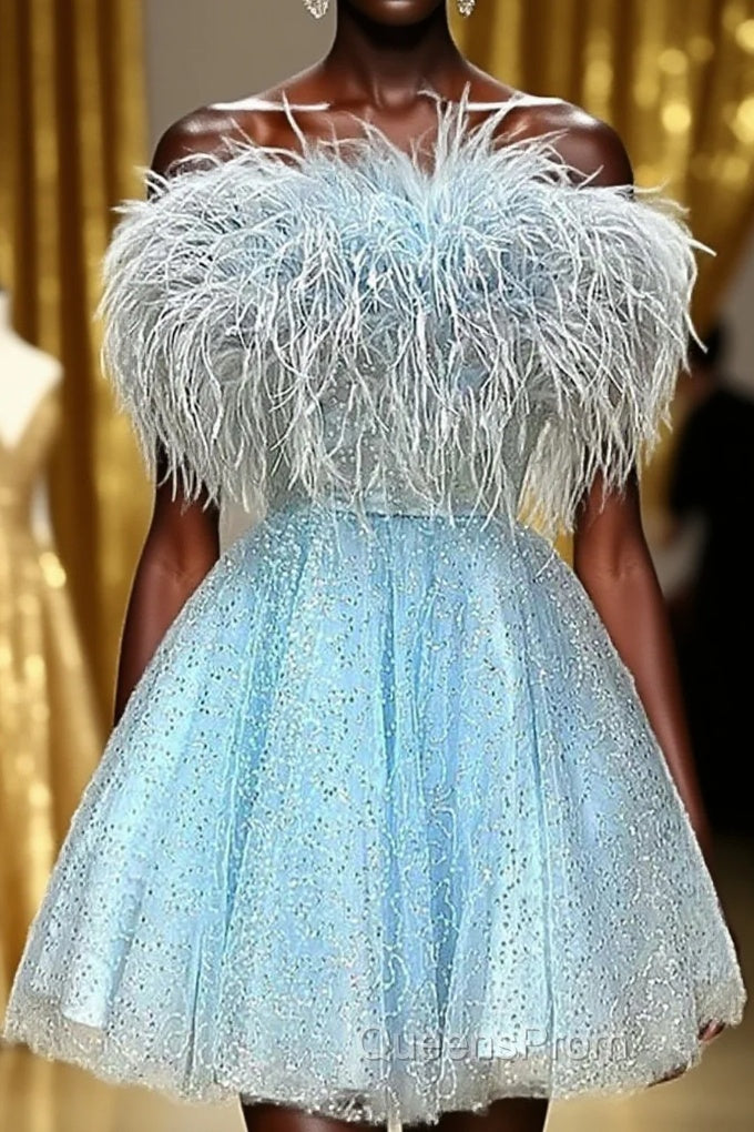 Light Blue A-Line Strapless Homecoming Dress with Feathers Main image