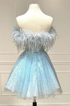 Light Blue A-Line Strapless Homecoming Dress with Feathers