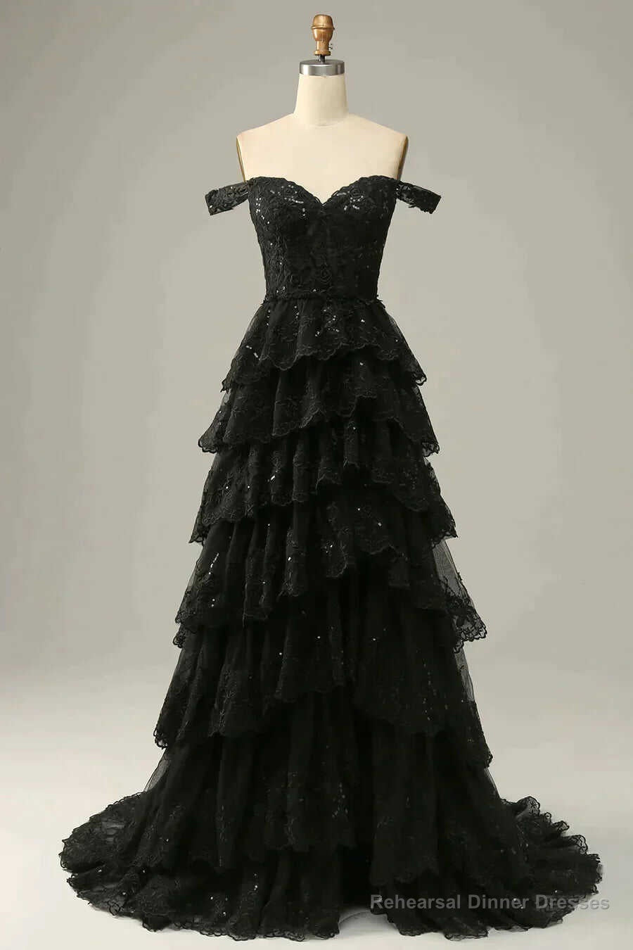 Sparkly Black Off The Shoulder Long Tiered Corset Prom Dress With Sequin Secondary image