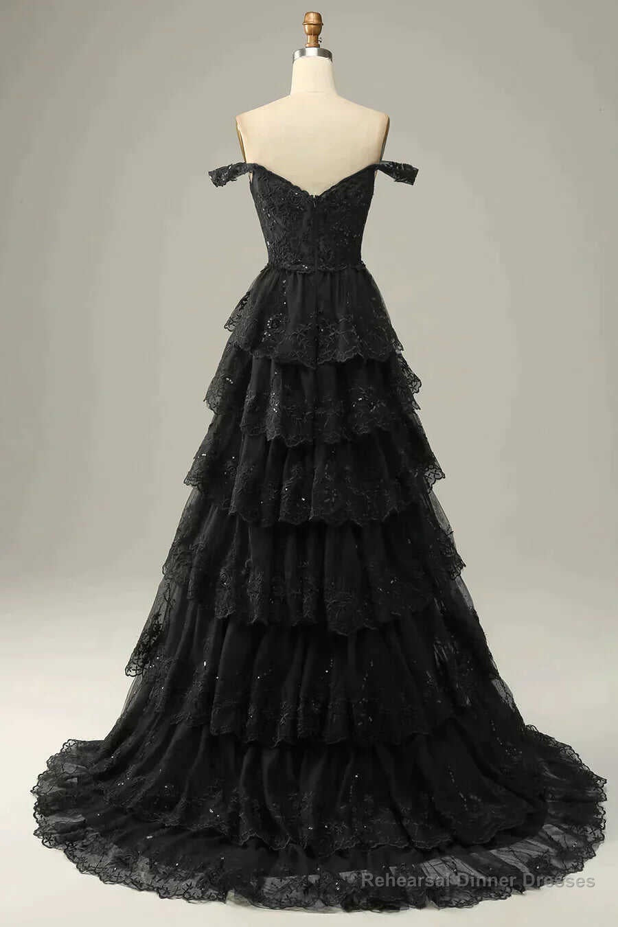 Sparkly Black Off The Shoulder Long Tiered Corset Prom Dress With Sequin Main image