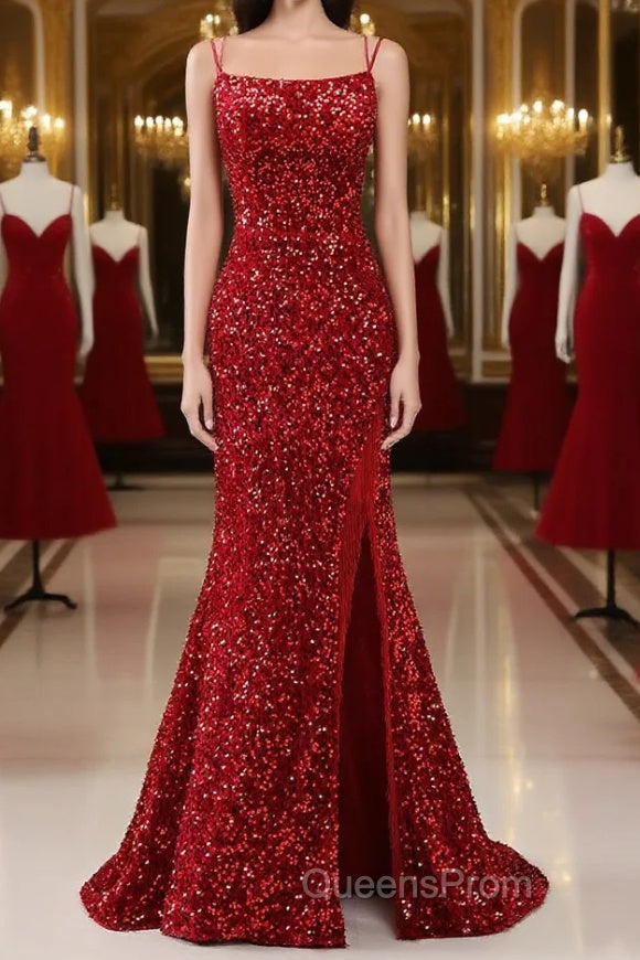 Red Sparkly Mermaid Backless Long Evening Prom Dress with Fringes Main image