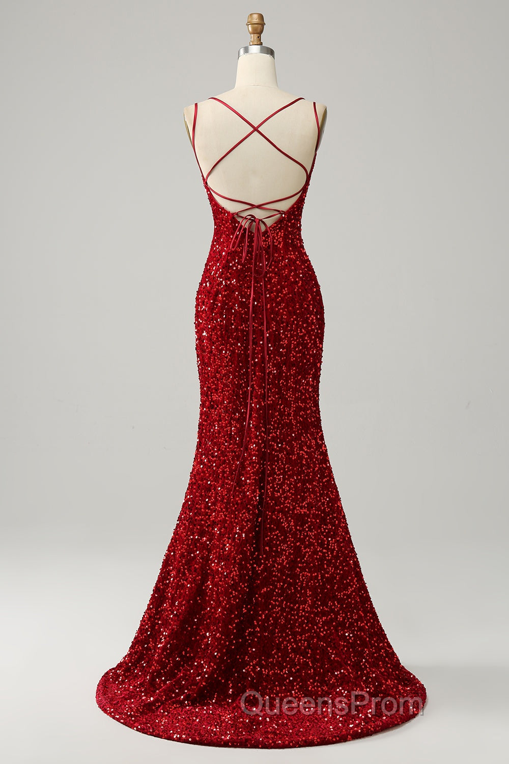 Red Sparkly Mermaid Backless Long Evening Prom Dress with Fringes