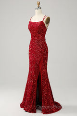 Red Sparkly Mermaid Backless Long Evening Prom Dress with Fringes