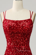 Red Sparkly Mermaid Backless Long Evening Prom Dress with Fringes
