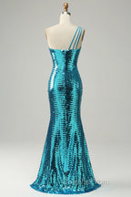 Sparkly Blue Sequins One Shoulder Long Evening Prom Dress with Slit