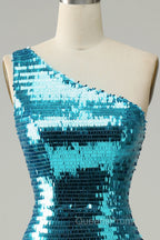 Sparkly Blue Sequins One Shoulder Long Evening Prom Dress with Slit
