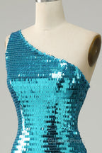 Sparkly Blue Sequins One Shoulder Long Evening Prom Dress with Slit