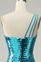 Sparkly Blue Sequins One Shoulder Long Evening Prom Dress with Slit
