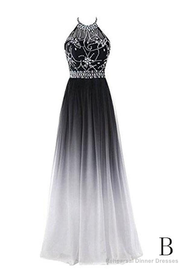 Classy Black And White Halter Lace Up Long Beaded Prom Dress Main image