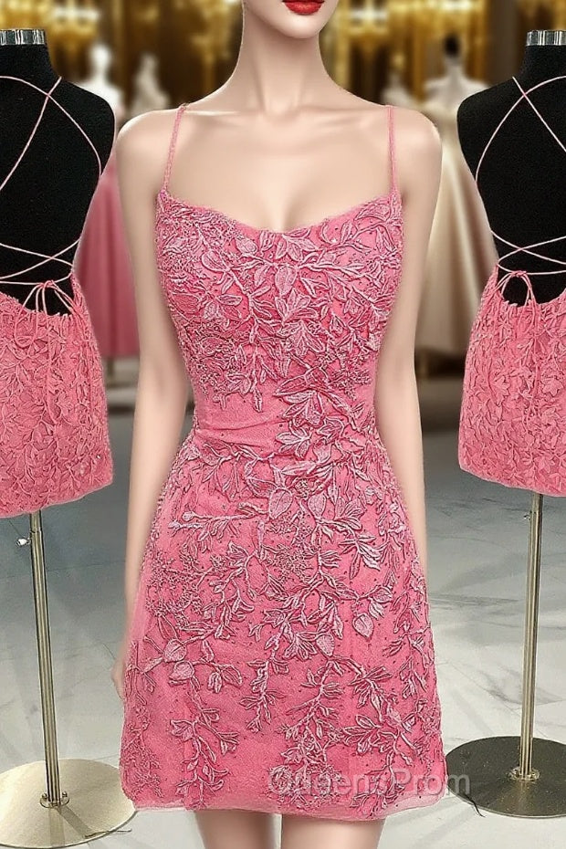 Coral Short Tight Homecoming Dress with Lace Beading
