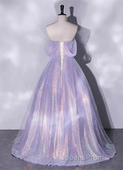 A Charming Sequin Lavender A-Line Sheer Strapless Dance Dress, Lavender Princess Off The Shoulder Sleeveless Sheer Evening Dress
