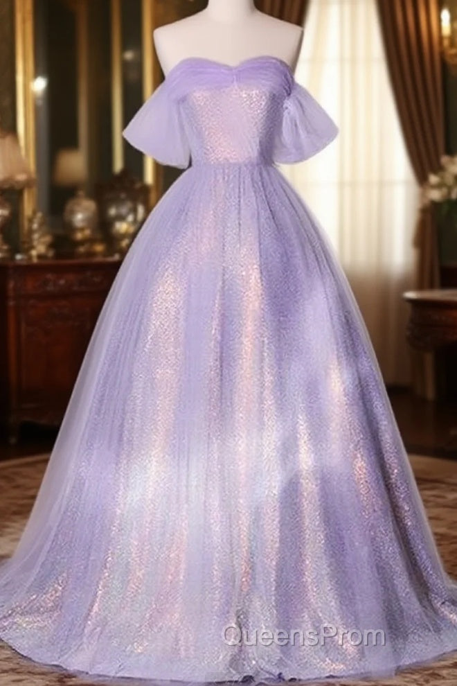 A Charming Sequin Lavender A-Line Sheer Strapless Dance Dress, Lavender Princess Off The Shoulder Sleeveless Sheer Evening Dress Main image