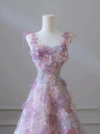 A Line 3D Floral Lace Skirt Tulle Bodice Floor-Length Classy Prom Dress