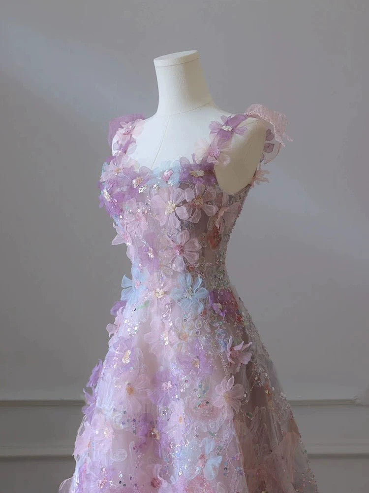 A Line 3D Floral Lace Skirt Tulle Bodice Floor-Length Classy Prom Dress