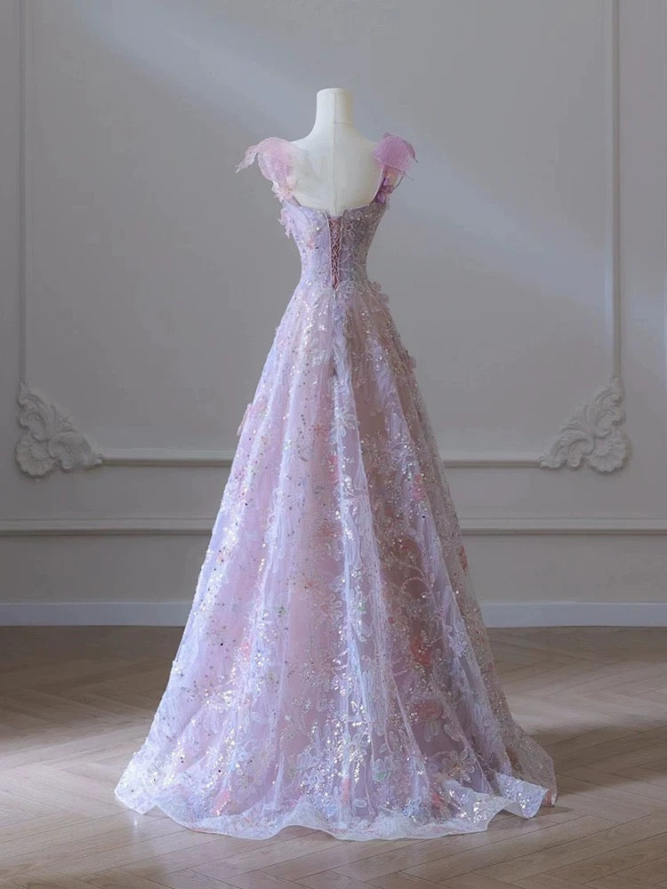 A Line 3D Floral Lace Skirt Tulle Bodice Floor-Length Classy Prom Dress