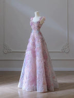 A Line 3D Floral Lace Skirt Tulle Bodice Floor-Length Classy Prom Dress