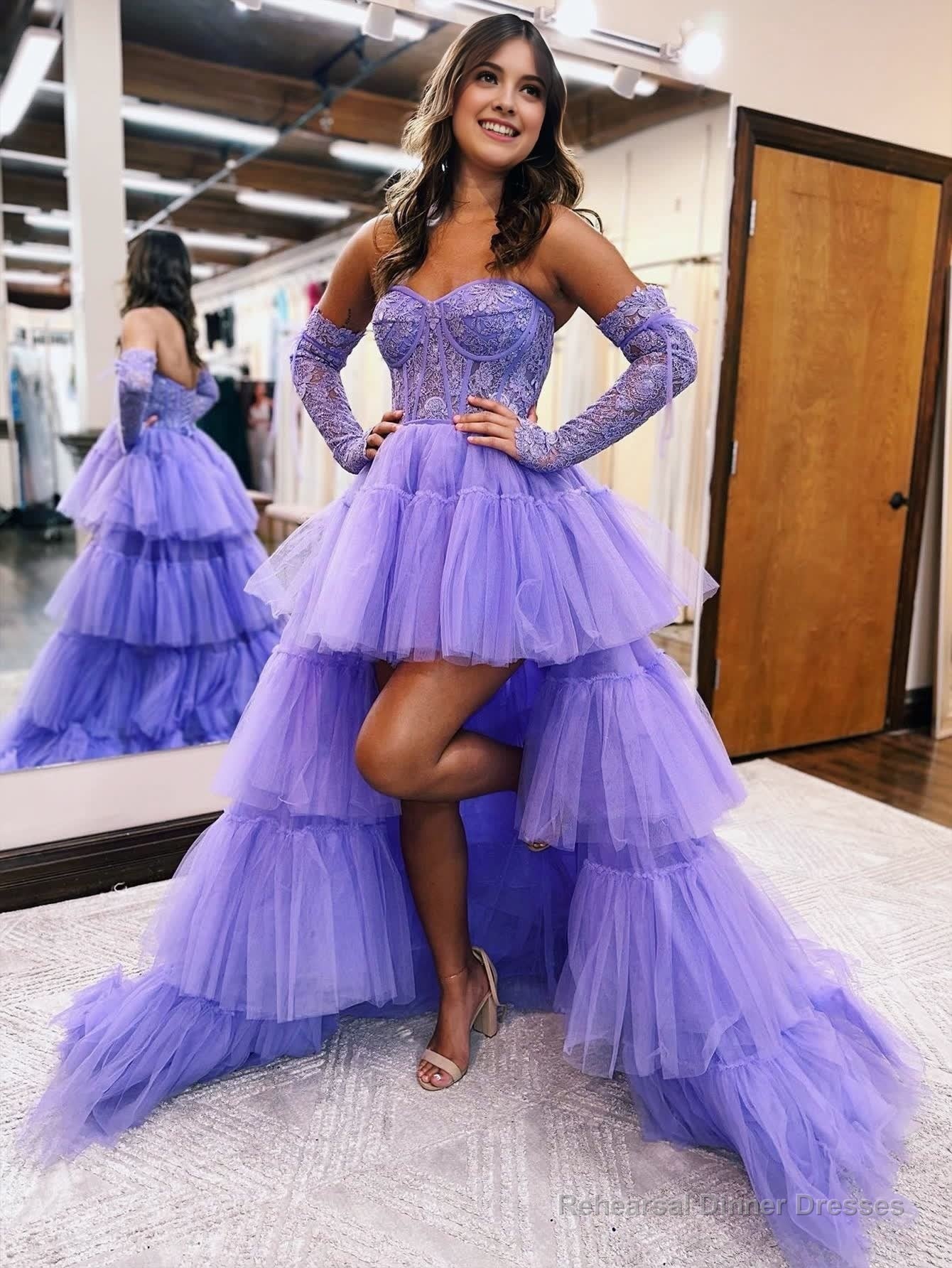 A-Line Asymmetrical Strapless Tiered Tulle Prom Dress Main image
