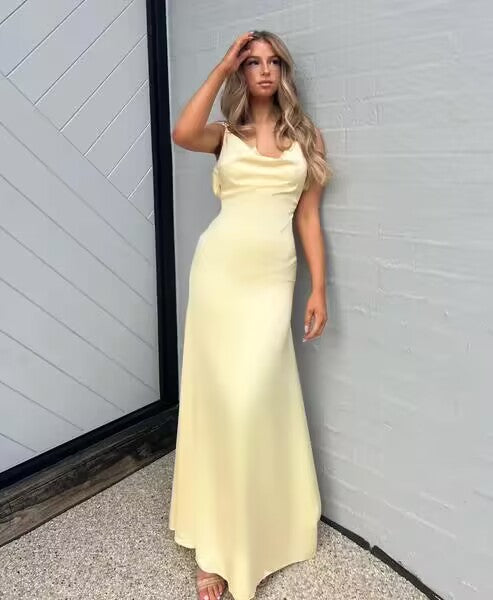 A Line Backless Classy Evening Party Dress Silk Satin Long Classy Prom Dress
