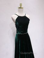 A-Line Backless Green Velvet Long Evening Prom Dress, Green Evening Dress