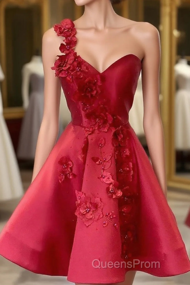 A-Line Backless Homecoming Dress Red Mini Sleeveless One Shoulder Graduation Dress With Appliques Main image