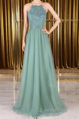 A Line Backless Lace Green Long Evening Prom Dress, Backless Green Lace Formal Graduation Evening Dress