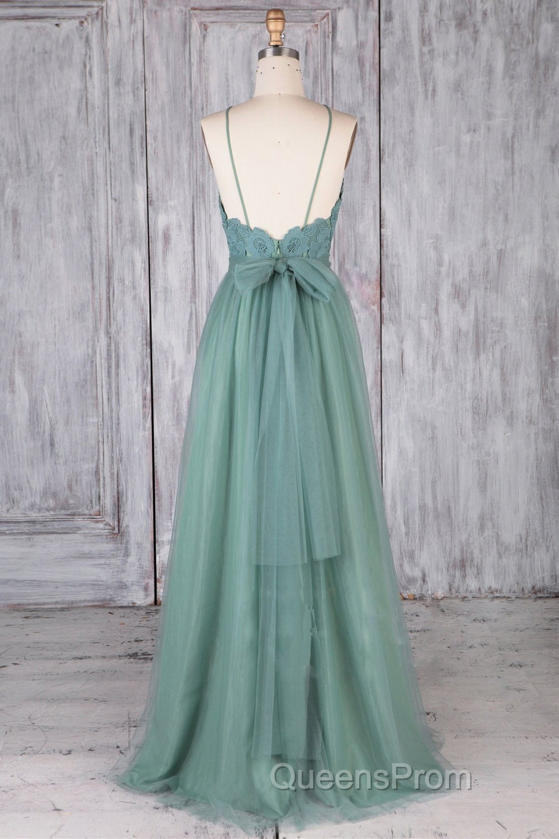 A Line Backless Lace Green Long Evening Prom Dress, Backless Green Lace Formal Graduation Evening Dress Secondary image