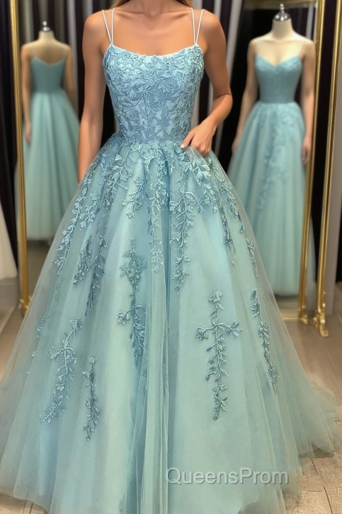 A Line Backless Lace Long Sky Blue Evening Prom Dress, Backless Sky Blue Lace Formal Dress, Sky Blue Evening Dress Main image