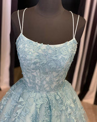 A Line Backless Lace Long Sky Blue Evening Prom Dress, Backless Sky Blue Lace Formal Dress, Sky Blue Evening Dress