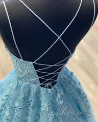 A Line Backless Lace Long Sky Blue Evening Prom Dress, Backless Sky Blue Lace Formal Dress, Sky Blue Evening Dress