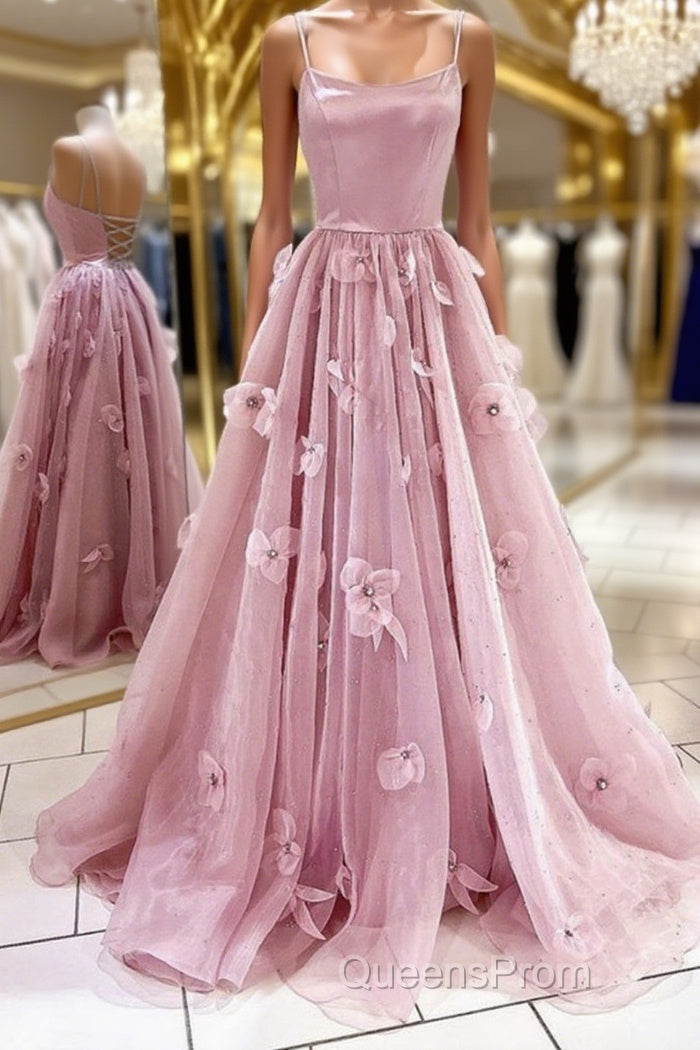 A Line Backless Pink Floral Long Evening Prom Dress, Pink Floral Formal Graduation Evening Dress Main image