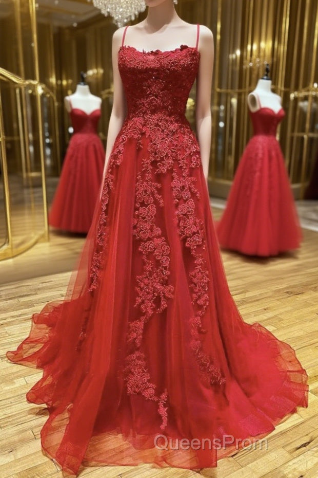 A Line Backless Red Lace Long Evening Prom Dress, Long Red Lace Formal Dress, Red Evening Dress Main image