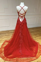 A Line Backless Red Lace Long Evening Prom Dress, Long Red Lace Formal Dress, Red Evening Dress