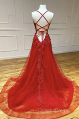 A Line Backless Red Lace Long Evening Prom Dress, Long Red Lace Formal Dress, Red Evening Dress