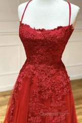 A Line Backless Red Lace Long Evening Prom Dress, Long Red Lace Formal Dress, Red Evening Dress