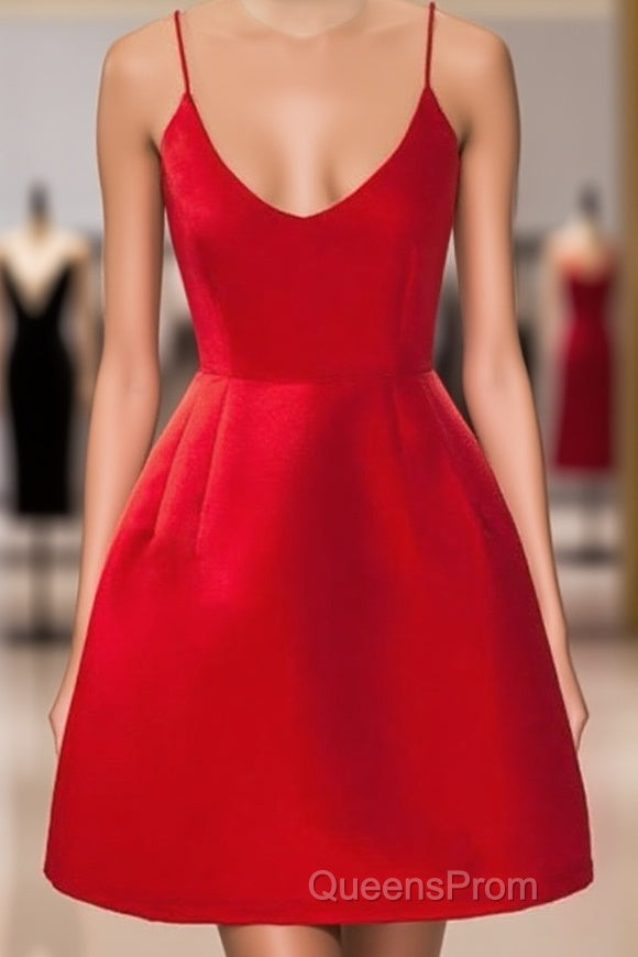 A Line Backless Short Red Evening Prom Dress, Short Red Satin Homecoming Graduation Dress, Red Formal Dress Main image