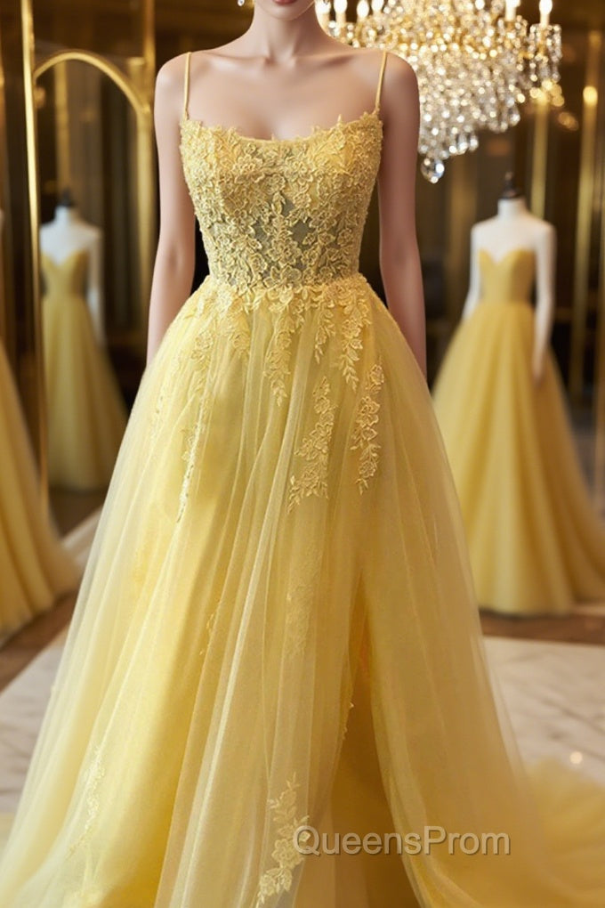 A Line Backless Yellow Lace Floral Long Evening Prom Dress with High Slit, Open Back Yellow Lace Formal Dress, Yellow Lace Evening Dress Main image