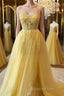A Line Backless Yellow Lace Floral Long Evening Prom Dress with High Slit, Open Back Yellow Lace Formal Dress, Yellow Lace Evening Dress