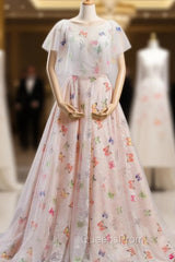 A-Line Ball Gown Pink Print Backless Wedding Dress