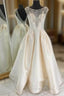 A-Line Bateau Backless Ivory Satin Beading Long Evening Prom Dress