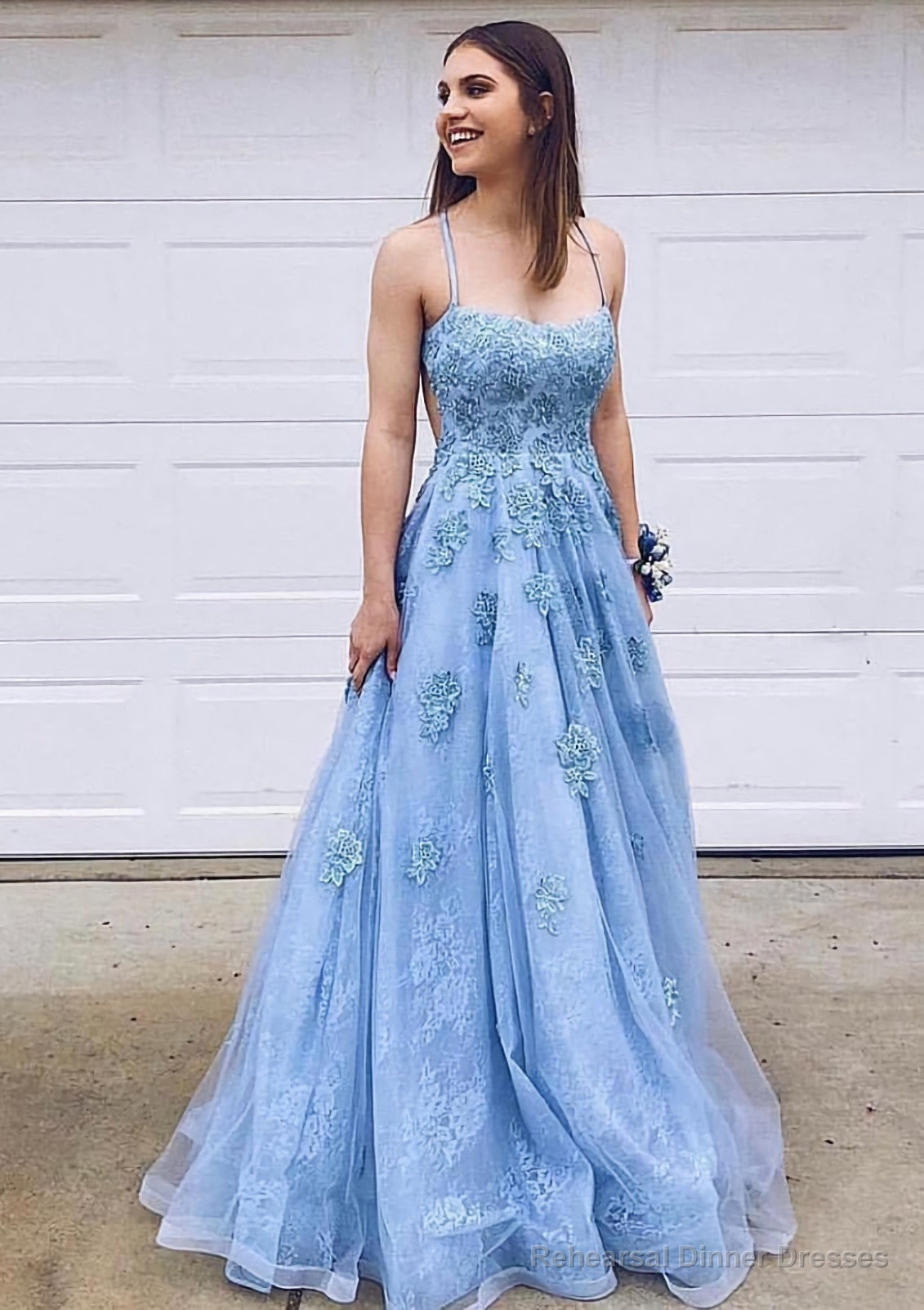 A-line Bateau Court Train Lace Prom Dresses With Appliqued