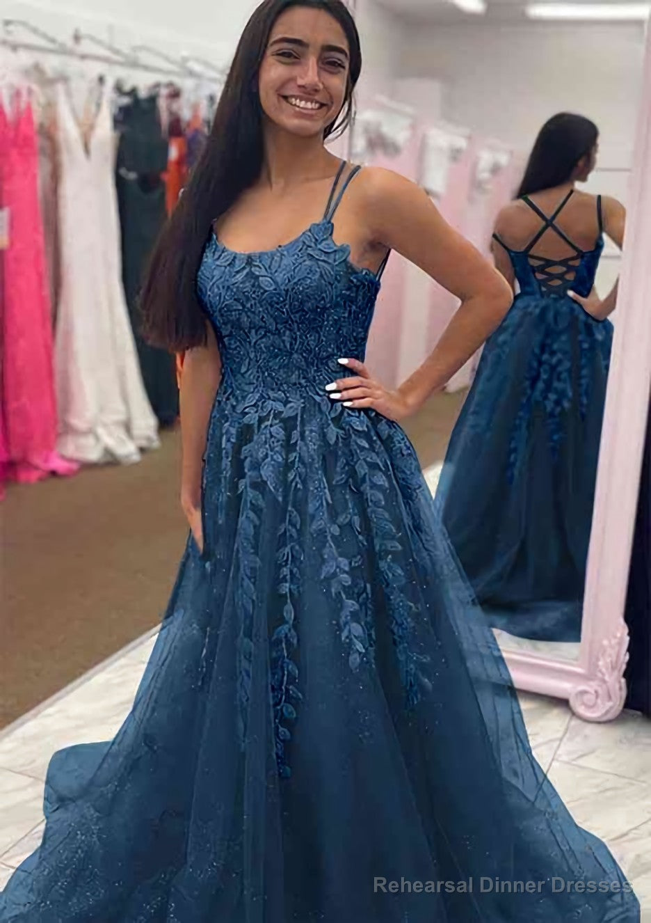 A-line Bateau Court Train Tulle Glitter Prom Dresses With Appliqued Beading Secondary image