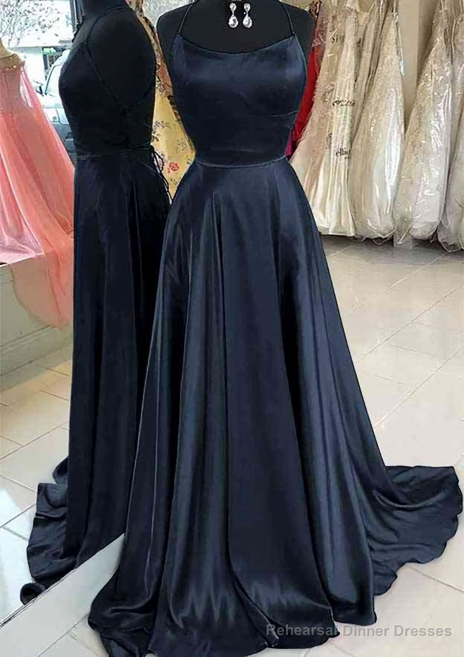 A-line Bateau Spaghetti Straps Sweep Train Charmeuse Prom Dresses Secondary image